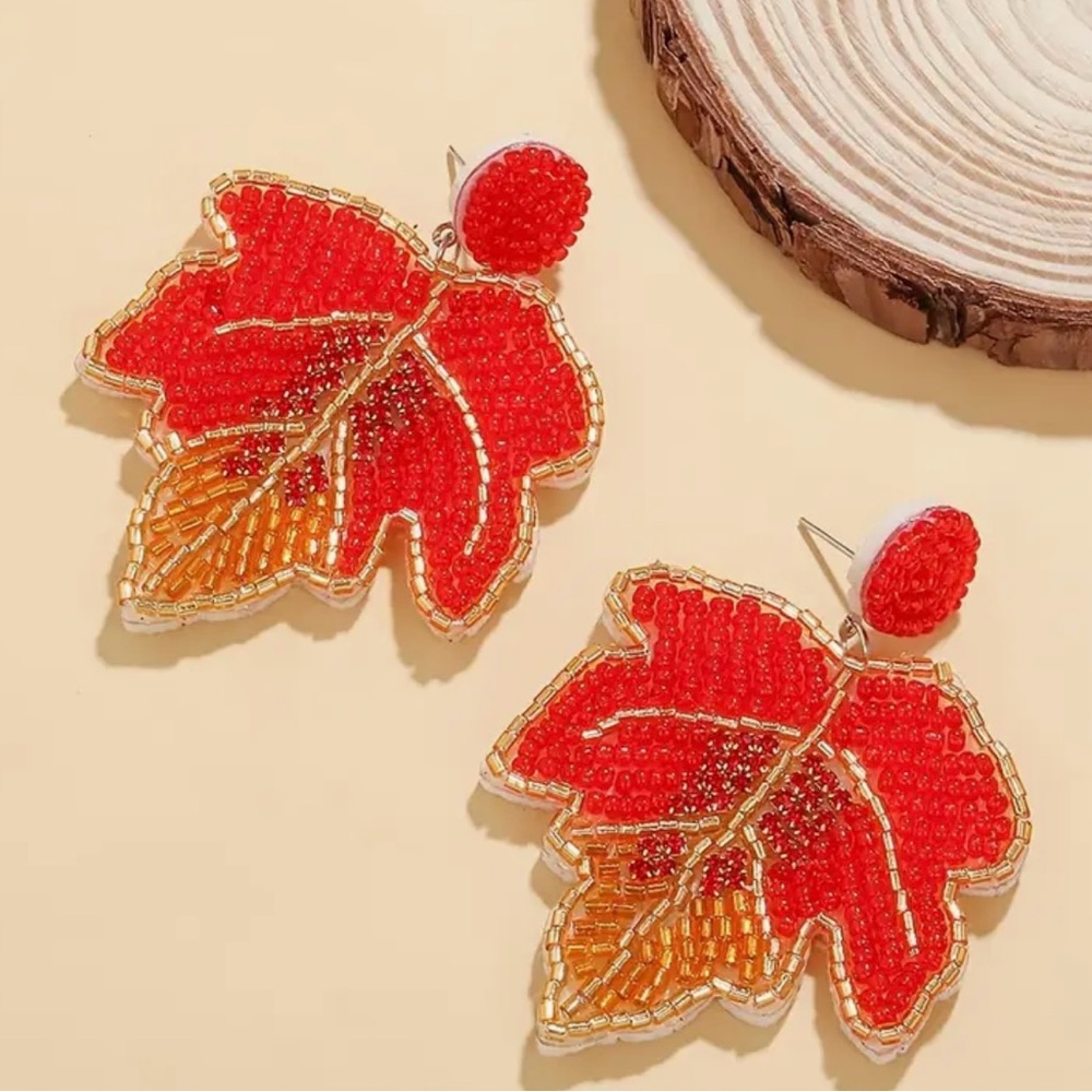 NWT Red and Gold Leaf Beaded Earrings